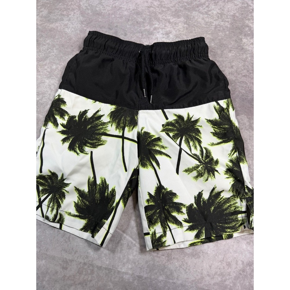 Palm Tree Print Swim Trunks Mens Size S Black White Green Board Shorts